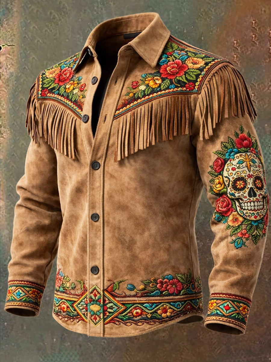 Men's Retro Mexican Art Print Western Vintage Tassel Casual Long Sleeve Shirt
